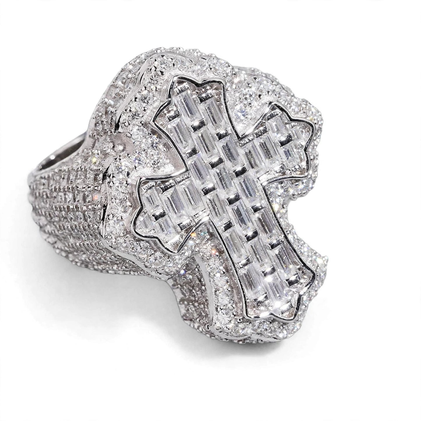 Holy Cross Moissanite Ring Iced-Out Baguette & Round Cut in .925 Silver