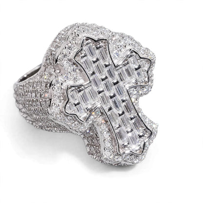 Holy Cross Moissanite Ring Iced-Out Baguette & Round Cut in .925 Silver