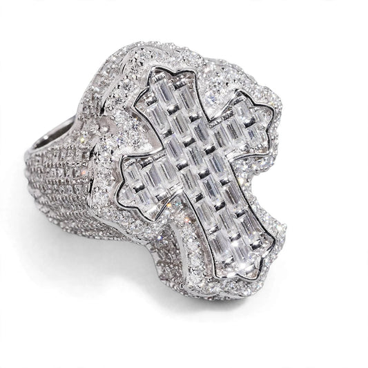 Holy Cross Moissanite Ring Iced-Out Baguette & Round Cut in .925 Silver