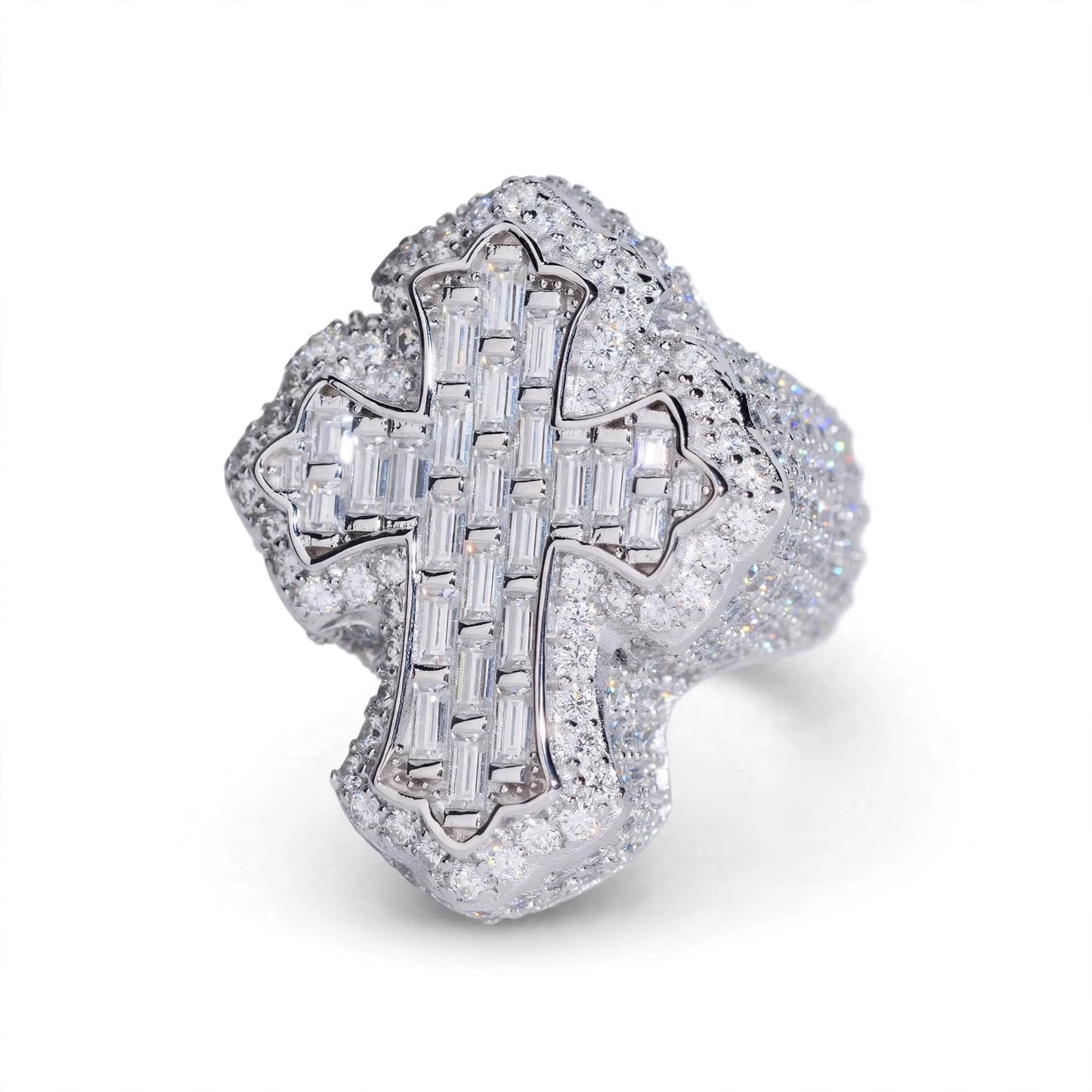 Holy Cross Moissanite Ring Iced-Out Baguette & Round Cut in .925 Silver