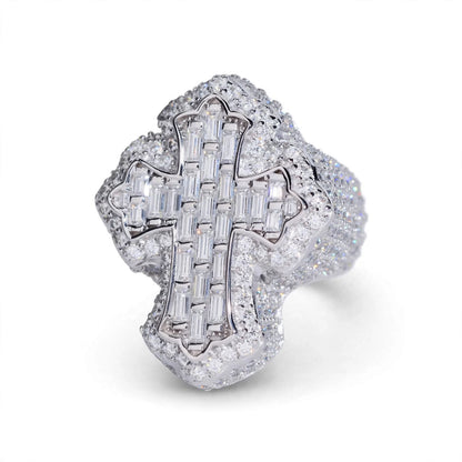Holy Cross Moissanite Ring Iced-Out Baguette & Round Cut in .925 Silver