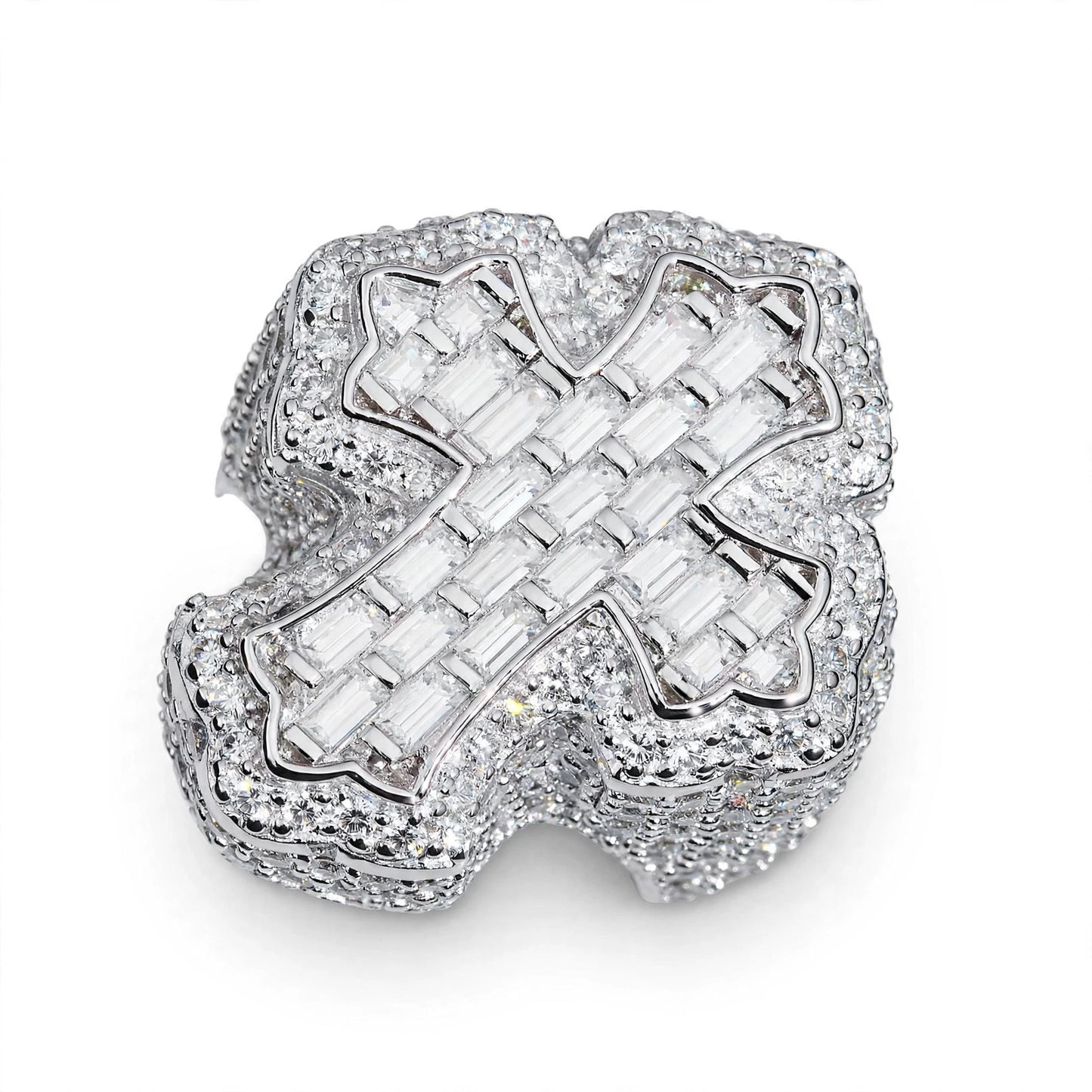 Holy Cross Moissanite Ring Iced-Out Baguette & Round Cut in .925 Silver