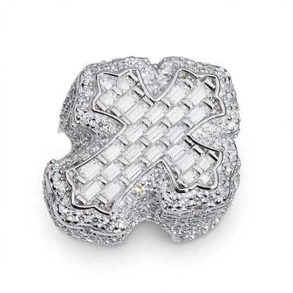 Holy Cross Moissanite Ring Iced-Out Baguette & Round Cut in .925 Silver